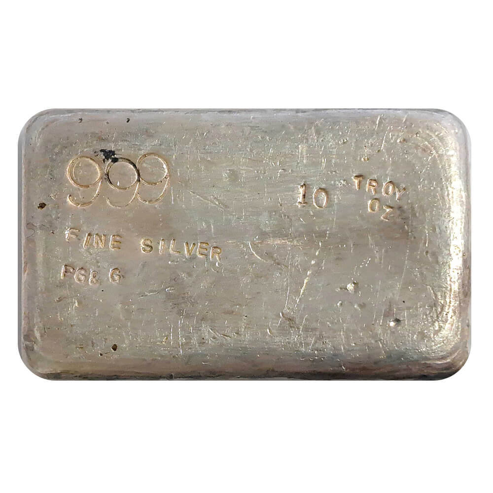 10 oz PG&G Prospectors Gold & Gems Vintage Silver Bar .999 Fine
