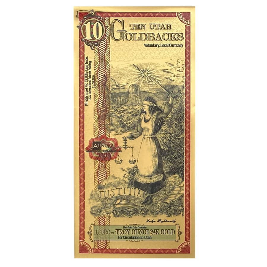 10 Utah Goldback 1/100 oz 24K Gold Foil Aurum Note