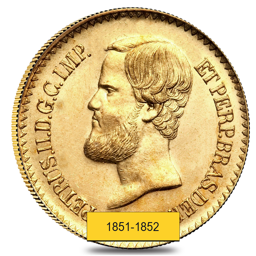 Brazil Gold 20,000 Reis Pedro II Coin AGW .5286 oz (1851-1889, Random Year) Cleaned