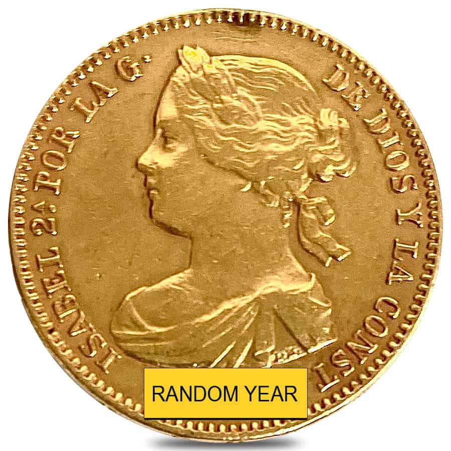 1865 - 1868 Spain 10 Escudos Isabella II Gold Coin AGW .2427 oz Ex-Jewelry (Random Year)