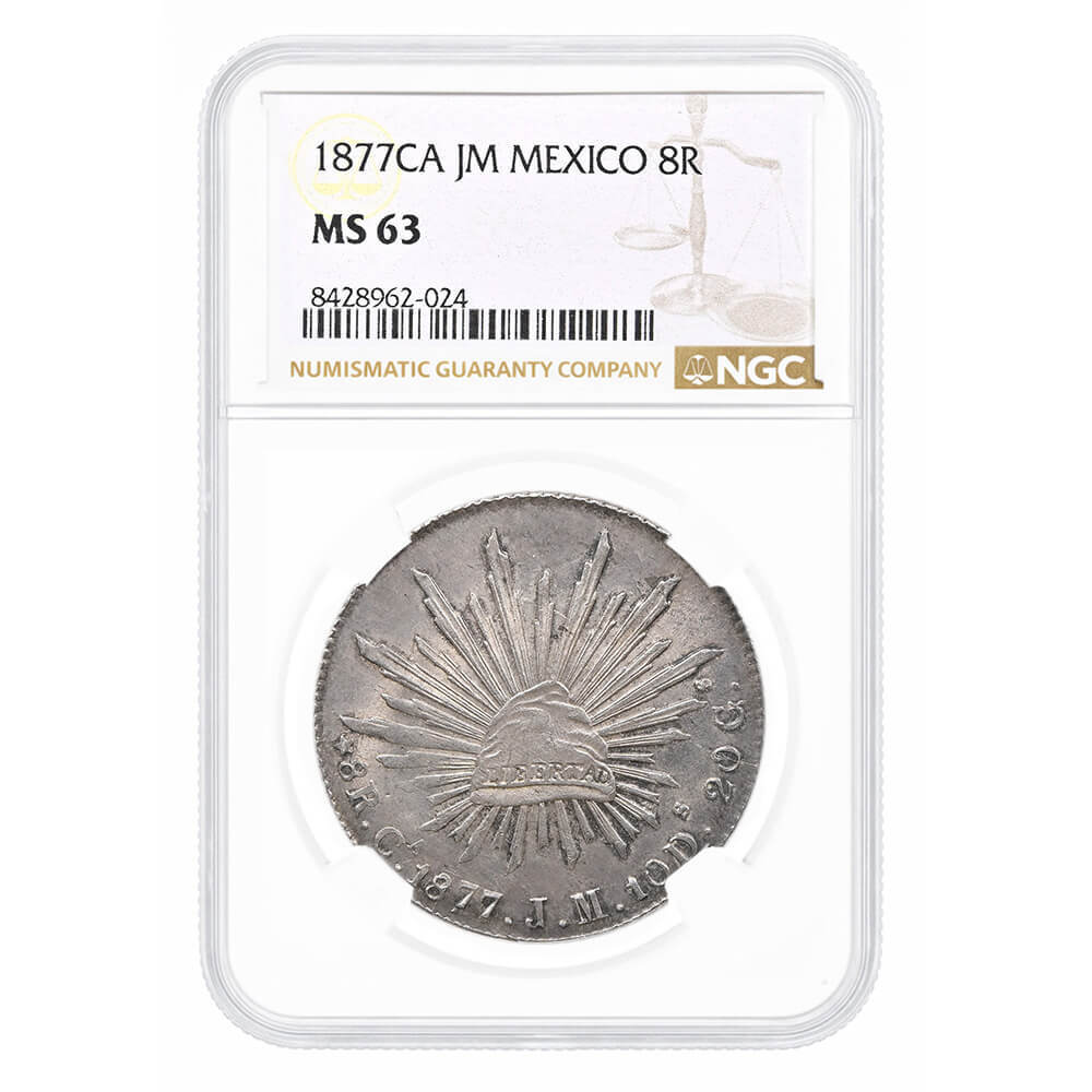 1877 CA JM Mexico 8 Reales Cap & Rays Silver Coin NGC MS 63