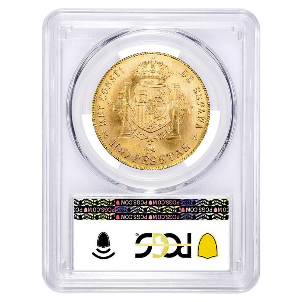 1897-SGV (1962) Spain 100 Pesetas Alfonso XIII Gold Coin Restrike PCGS MS 64 thumbnail 2
