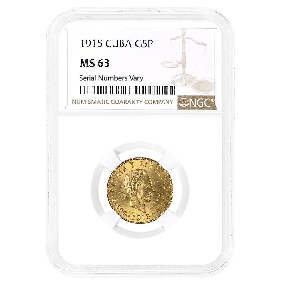 1915 5 Pesos Jose Marti Gold Coin NGC MS 63