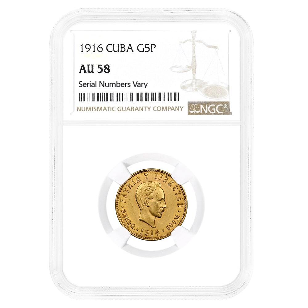 1916 5 Pesos Jose Marti Gold Coin NGC AU 58