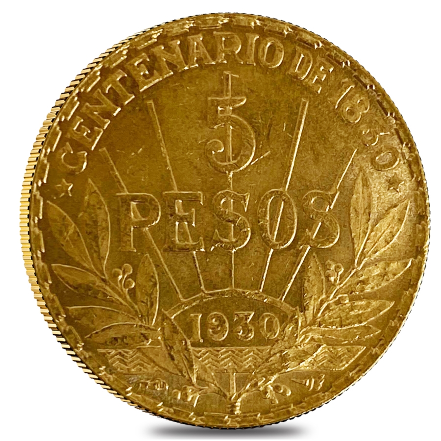 1930 Uruguay 5 Pesos Gold Coin Avg Circ AGW .2502 oz thumbnail 2