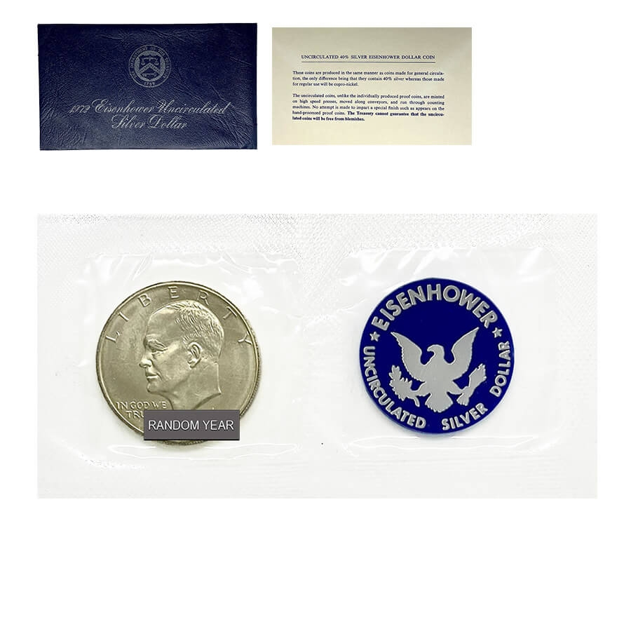 1971-1974 Eisenhower Dollar 40% Silver BU (Blue Mint Envelope, Soft Pack)
