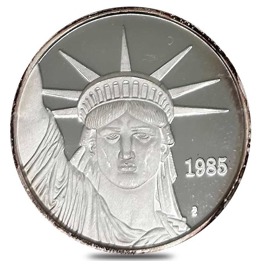 1985 1 oz Johnson Matthey MTB Liberty Trade Proof Silver Round .999 Fine