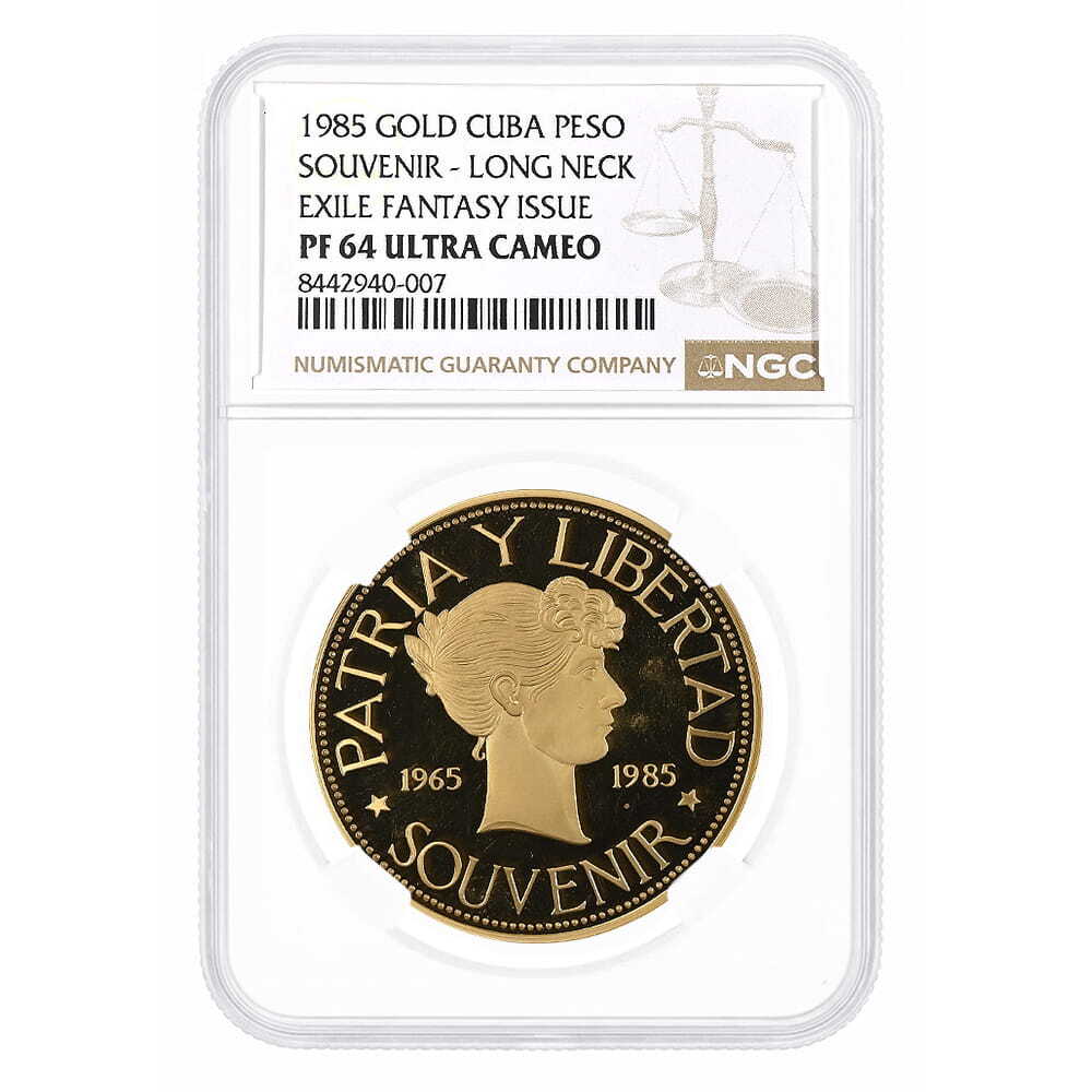 1985 1 Peso Cuba Exile Fantasy Souvenir Long Neck Gold Coin NGC PF 64 UCAM