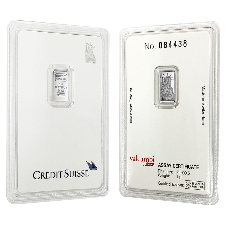 1 gram Credit Suisse Statue of Liberty Platinum Bar .9995 Fine (In Assay)