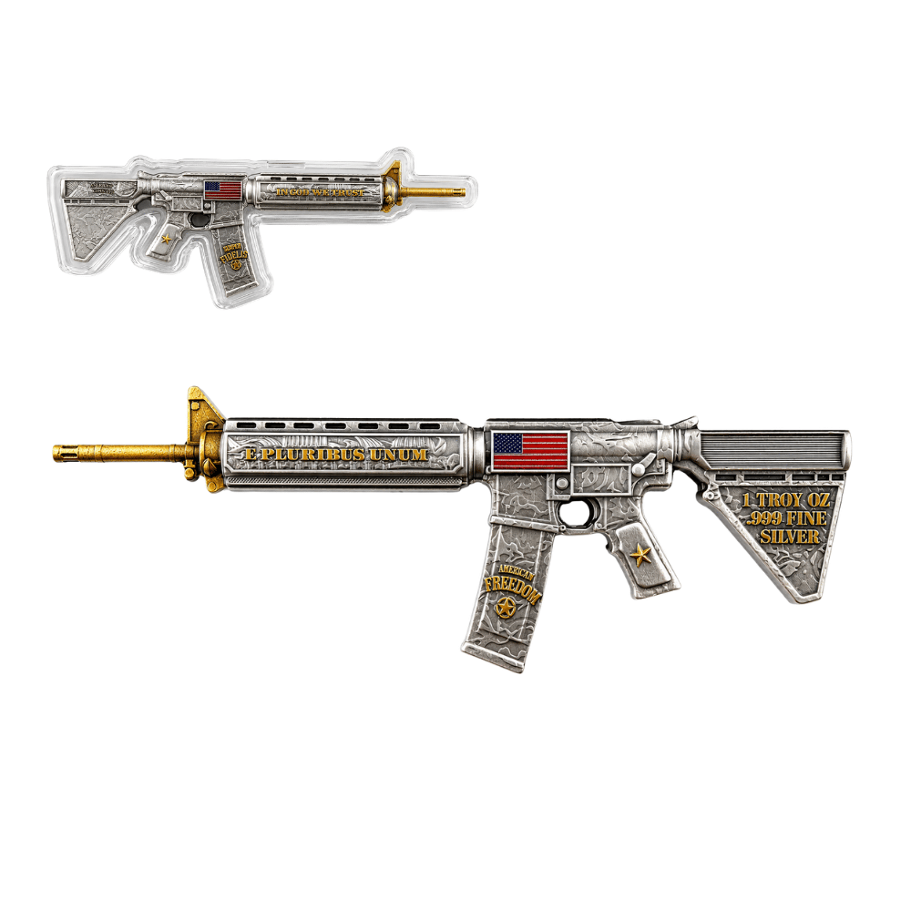 1 oz M16 Style Rifle Shaped Silver .999 Fine Antiqued Finish