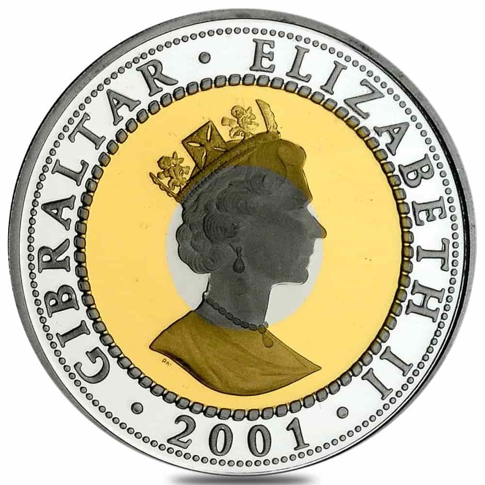 2001 Gibraltar Proof Trimetallic 1 Crown Gold/Silver/Platinum Coin thumbnail 3