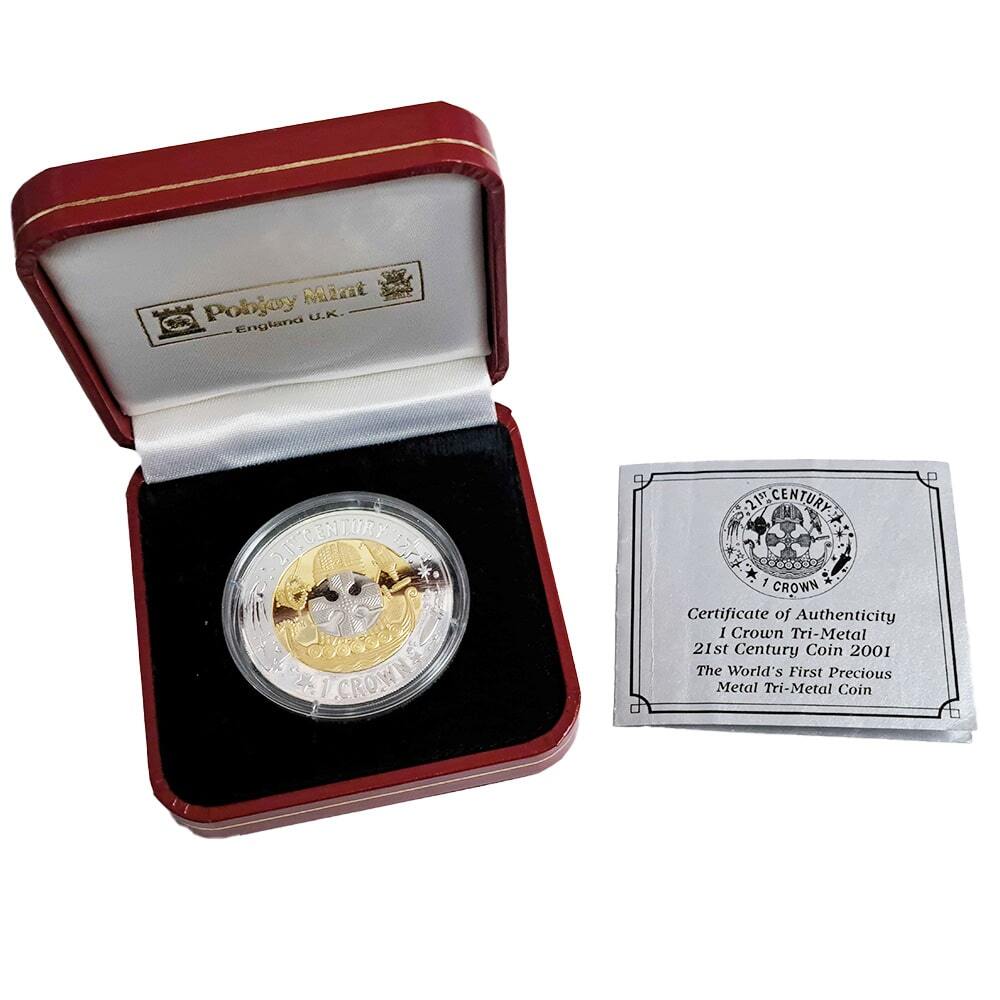 2001 Gibraltar Proof Trimetallic 1 Crown Gold/Silver/Platinum Coin thumbnail 4