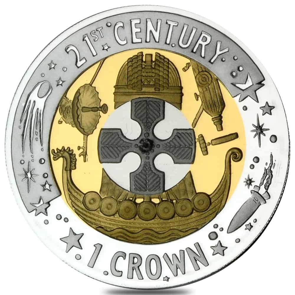 2001 Gibraltar Proof Trimetallic 1 Crown Gold/Silver/Platinum Coin thumbnail 2