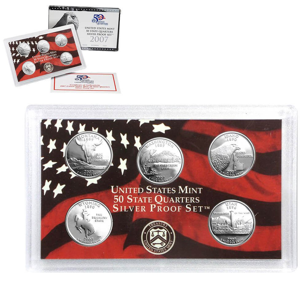 2007-S US Mint 50 State Quarters Proof Silver 5-Coin Set (w/Box & COA)