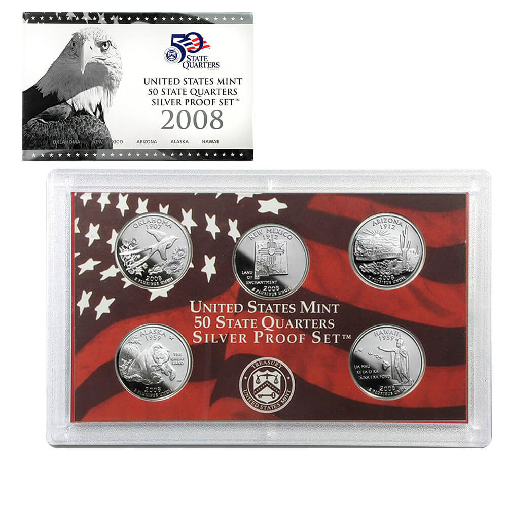 2008-S US Mint 50 State Quarters Proof Silver 5-Coin Set (w/Box & COA)