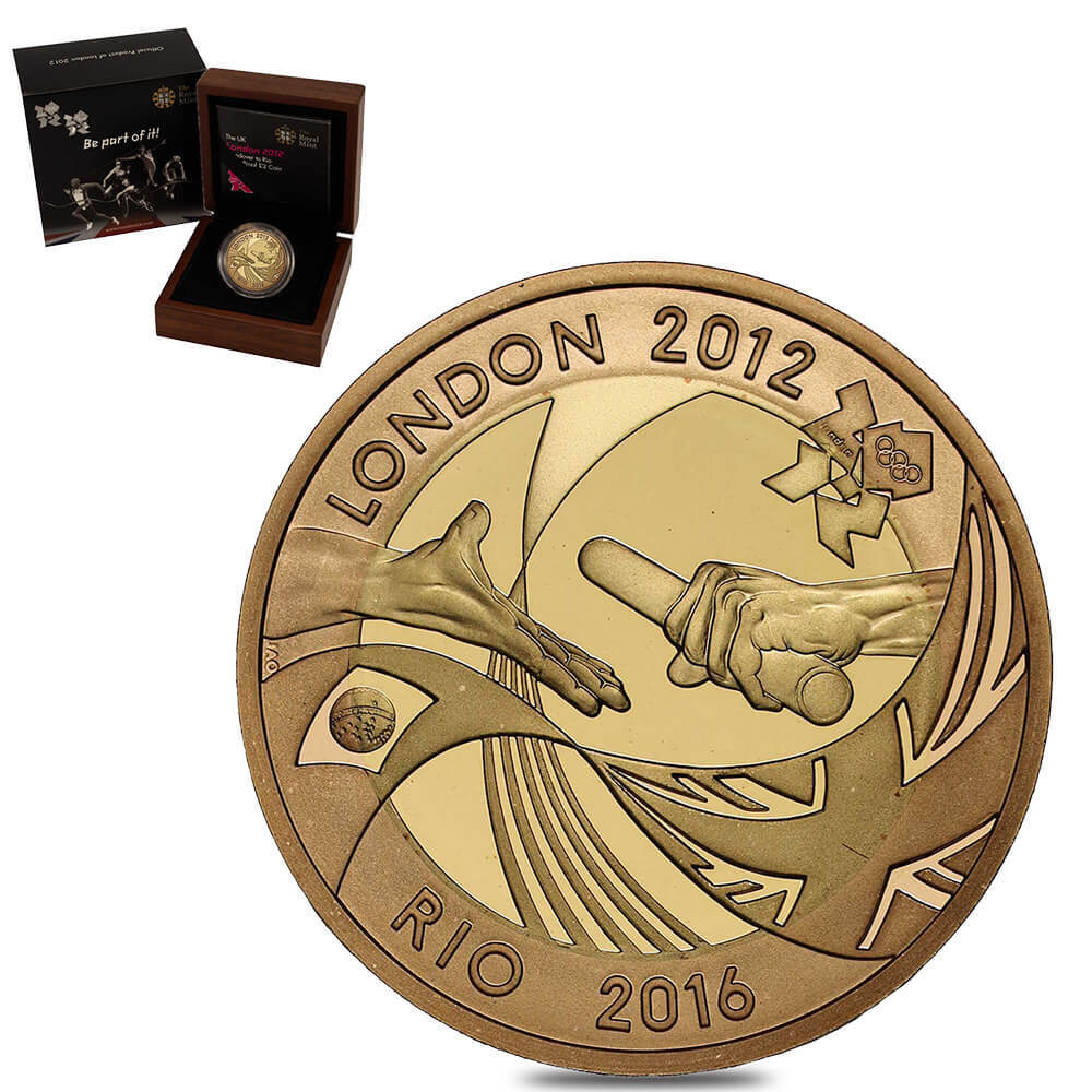 2012 Great Britain 2 Pounds London to Rio Olympics Handover Proof Gold Coin