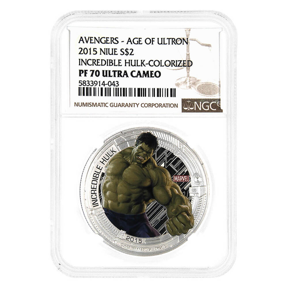 2015 Niue 1 oz Marvel Avengers Age of Ultron Hulk Proof Colorized Silver Coin NGC PF 70 UCAM