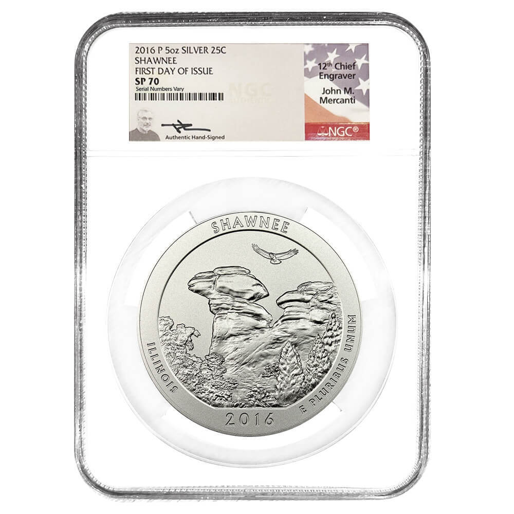 2016-P 5 oz Silver America the Beautiful ATB Illinois Shawnee Forest NGC SP 70 FDOI (Mercanti)
