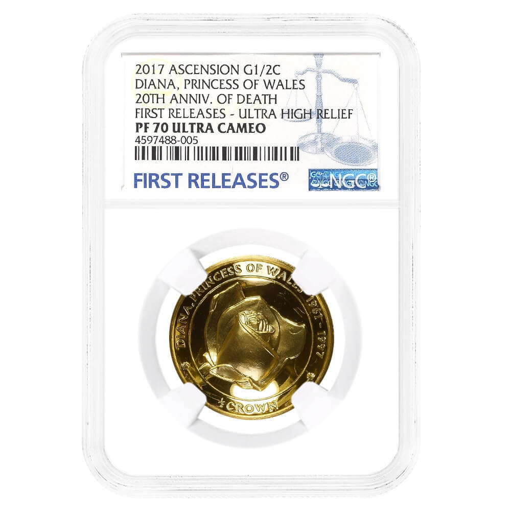 2017 1/2 Crown Ascension Island Diana Princess of Wales Gold Coin NGC PF 70 UCAM FR thumbnail 2