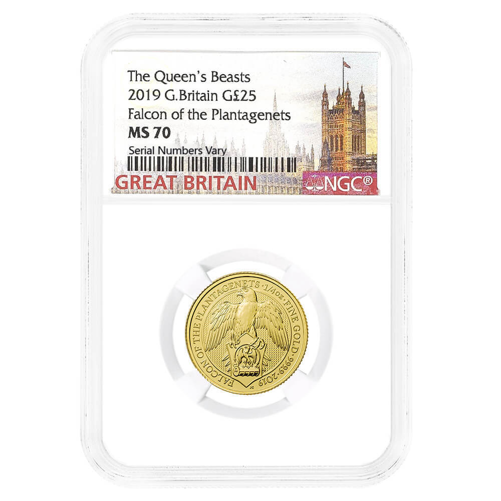 2019 Great Britain 1/4 oz Queen's Beasts Falcon of the Plantagenet Gold Coin NGC MS 70