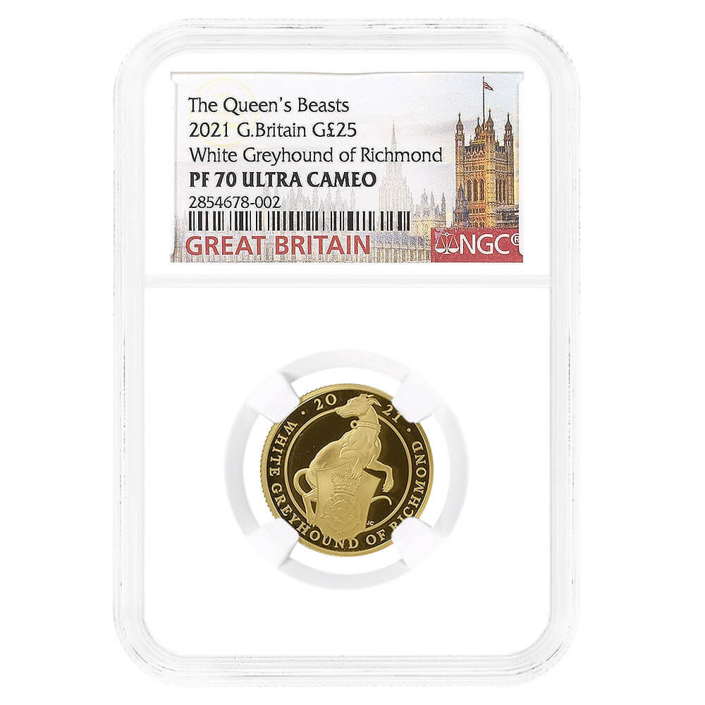 2021 Great Britain 1/4 oz Proof Queen's Beasts White Greyhound of Richmond Gold Coin NGC PF 70 UCAM