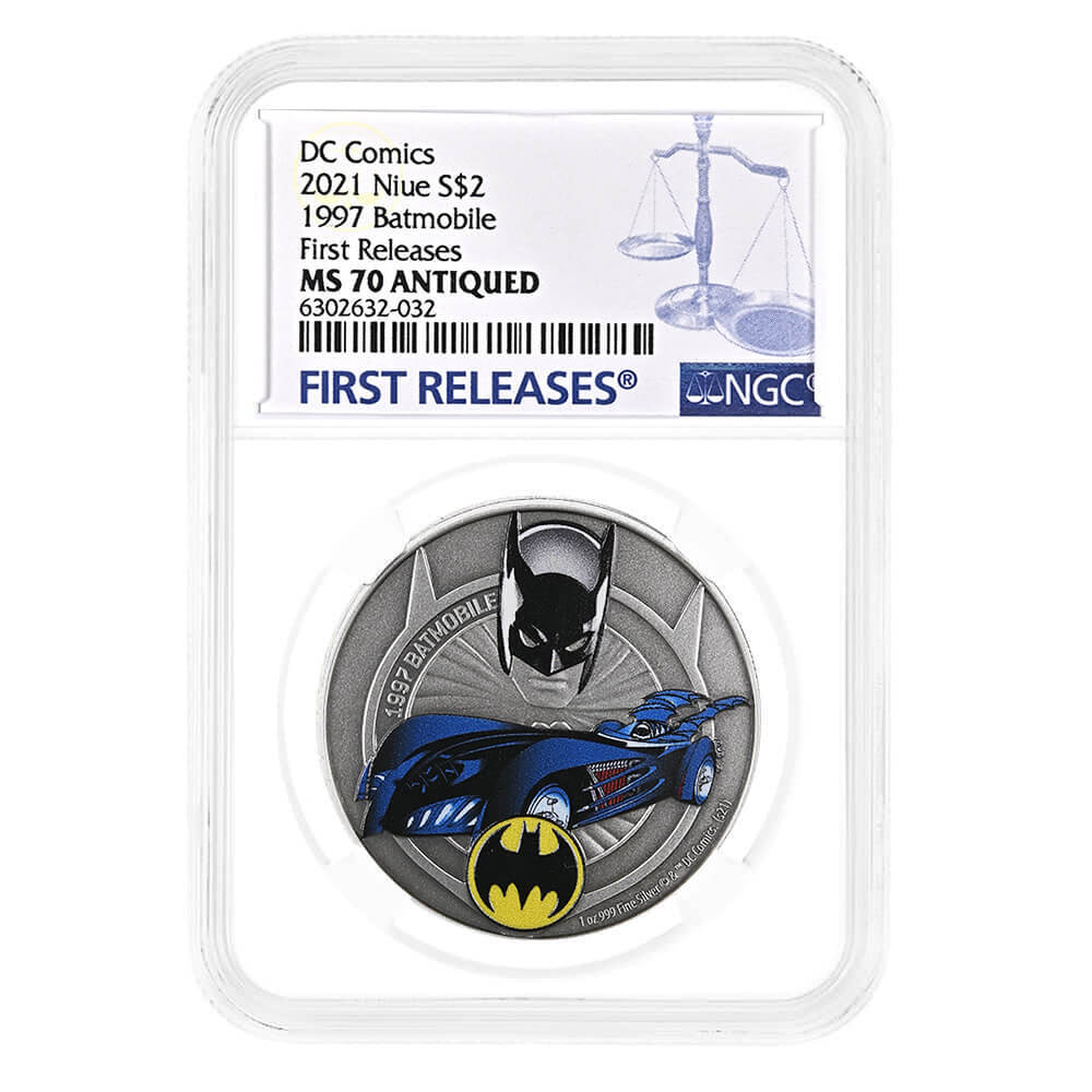 2021 Niue 1 oz DC Comics Batman 1997 Batmobile Antiqued Silver Coin NGC MS 70 FR