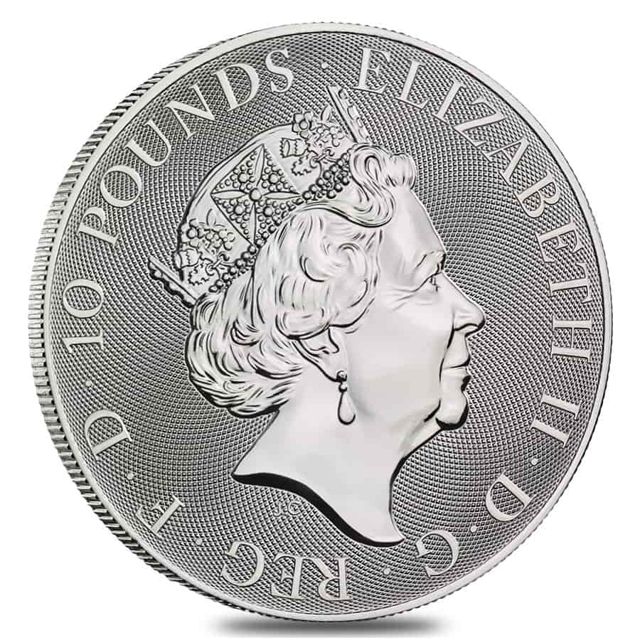 2021 Great Britain 10 oz Silver Queen's Beasts White Lion of Mortimer Coin .9999 Fine BU thumbnail 2