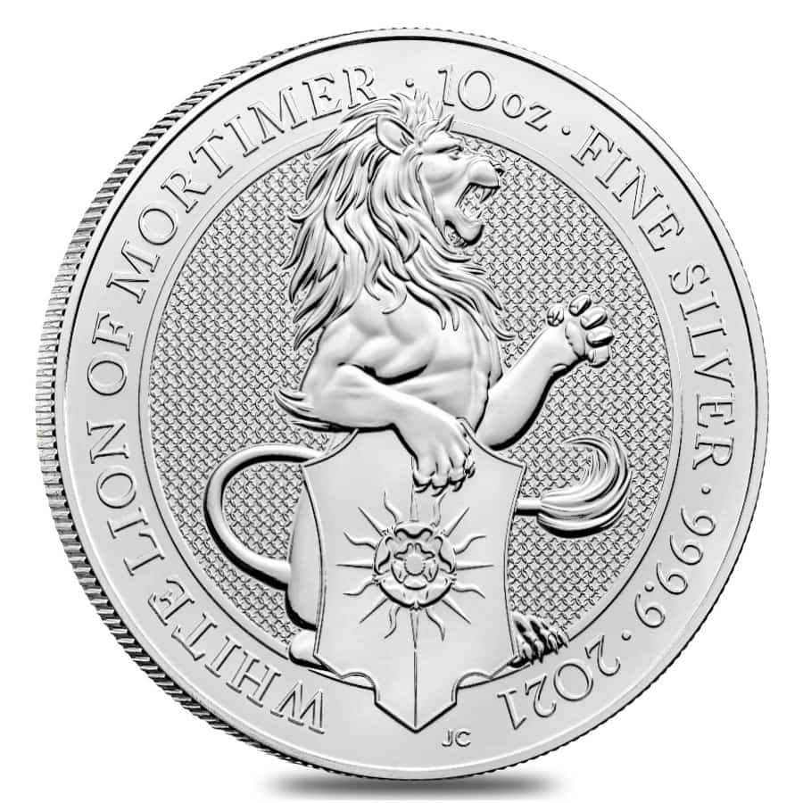 2021 Great Britain 10 oz Silver Queen's Beasts White Lion of Mortimer Coin .9999 Fine BU