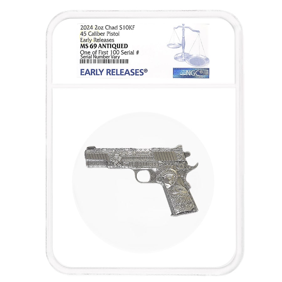 2024 Chad 2 oz Silver .45 Caliber Pistol Handgun NGC MS 69 ER One of First 100