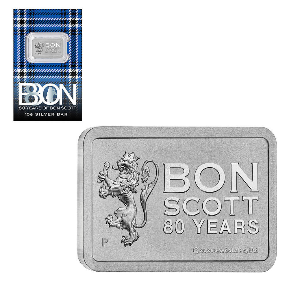 2026 10 Gram Perth Mint Bon Scott 80th Ann. Silver Bar .9999 Fine (in Assay)