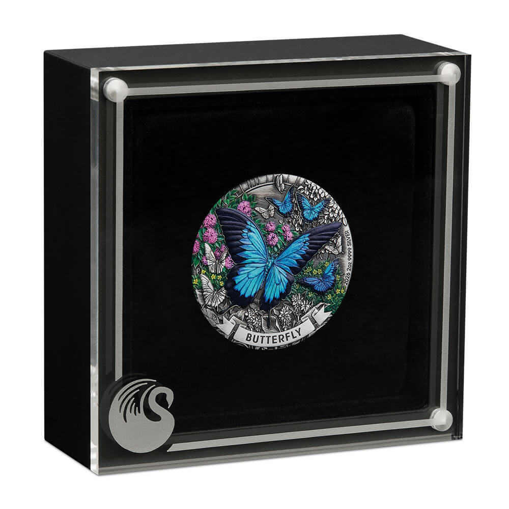 2026 2 oz Butterfly Antiqued Colorized Silver Coin Perth Mint thumbnail 4