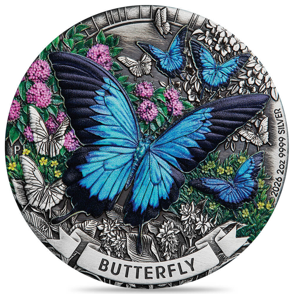 2026 2 oz Butterfly Antiqued Colorized Silver Coin Perth Mint thumbnail 2