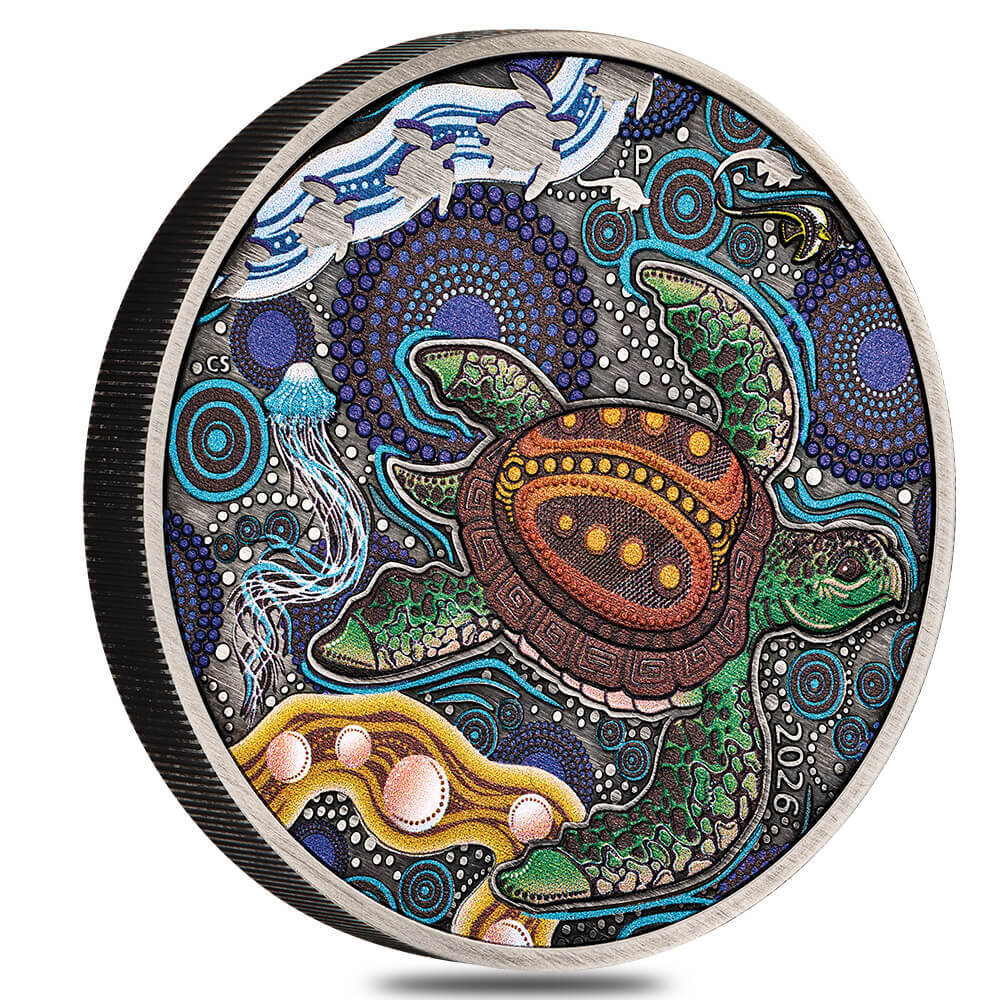 2026 2 oz Turtle Yaunati Antiqued Colorized Silver Coin Perth Mint thumbnail 2