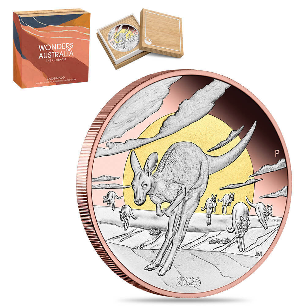 2026 5 oz Proof Silver Wonders of Australia The Outback Kangaroo Double Gilded Coin Perth Mint