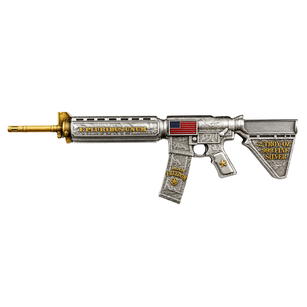 2 oz M16 Style Rifle Shaped Silver .999 Fine Antiqued Finish thumbnail 2