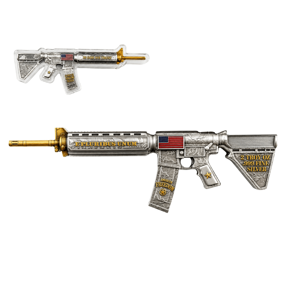 2 oz M16 Style Rifle Shaped Silver .999 Fine Antiqued Finish