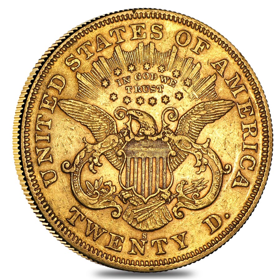 $20 Gold Double Eagle Liberty Head Type II - Extra Fine XF (Random Year, 1866-1876) thumbnail 2