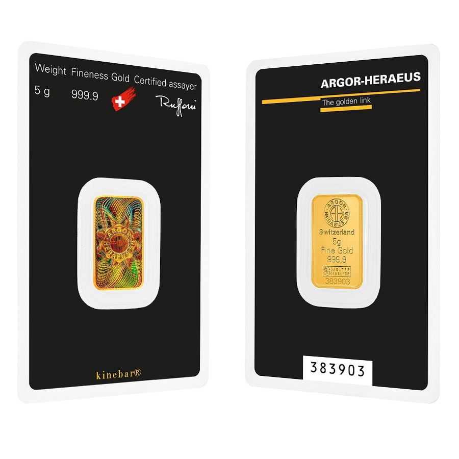 5 Gram Argor Heraeus Kinebar Gold Bar .9999 Fine (in Assay)