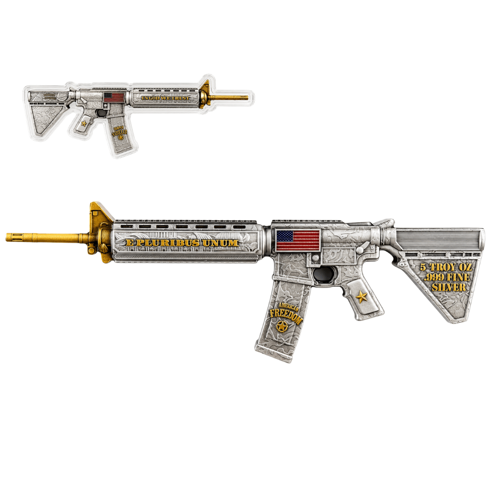 5 oz M16 Style Rifle Shaped Silver .999 Fine Antiqued Finish