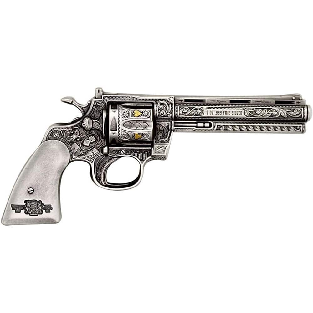 2023 Chad 2 oz Silver Revolver Gun Shaped Antiqued High Relief Coin .999 Fine (w/Box) thumbnail 3