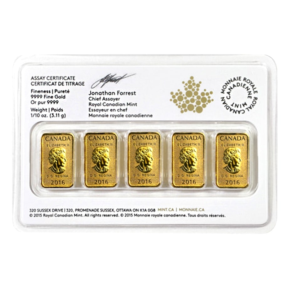 5 x 1/10 oz Gold Royal Canadian Mint RCM Legal Tender Bar Set .9999 Fine (In Assay)