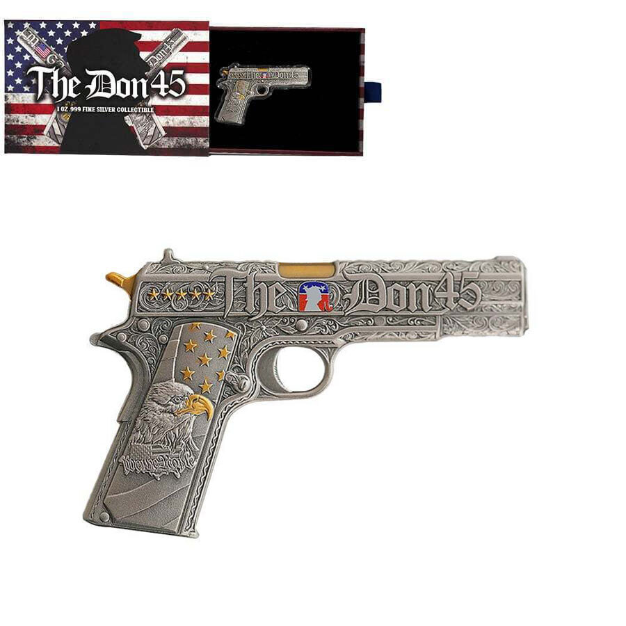 1 oz Silver Gun Shaped .45 Caliber Pistol Antiqued .999 Fine (w/Box) thumbnail 2