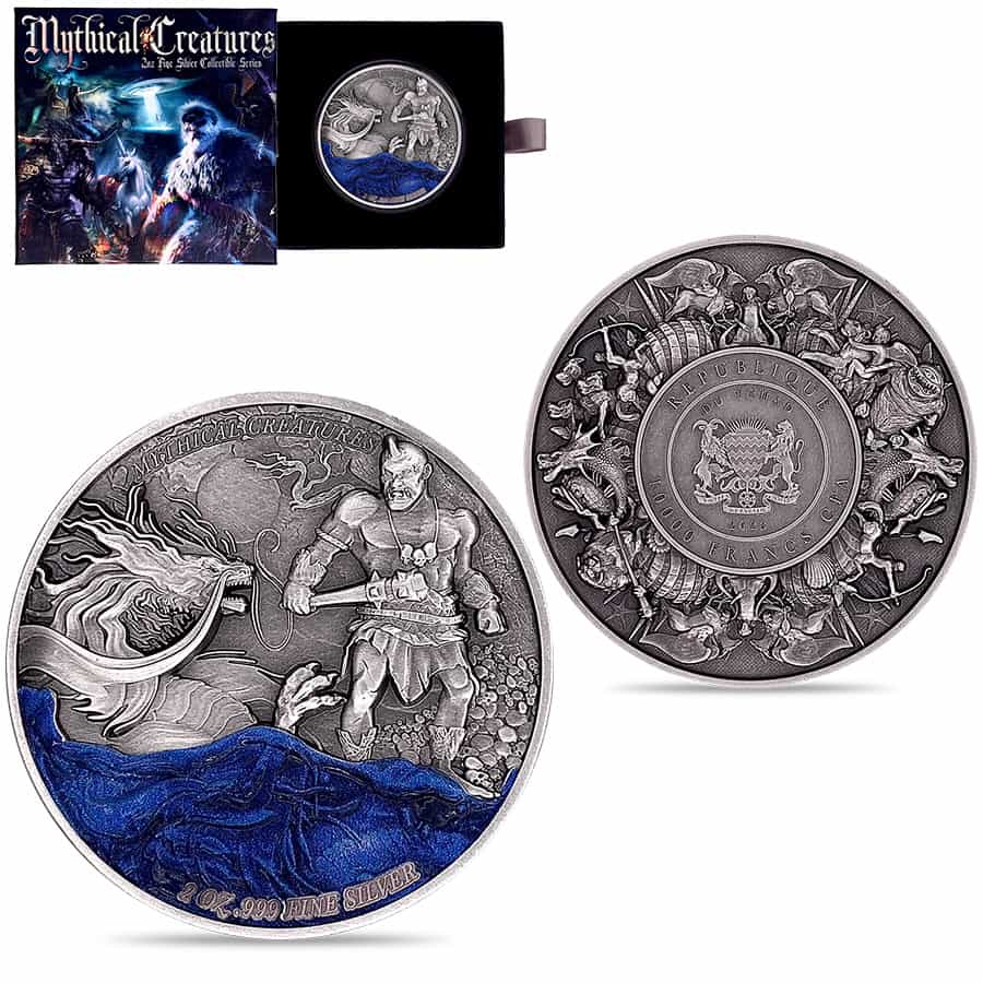 2023 Chad 2 oz Silver Dragon and Cyclops - Mythical Creatures Series Antiqued High Relief Coin (w/Box)