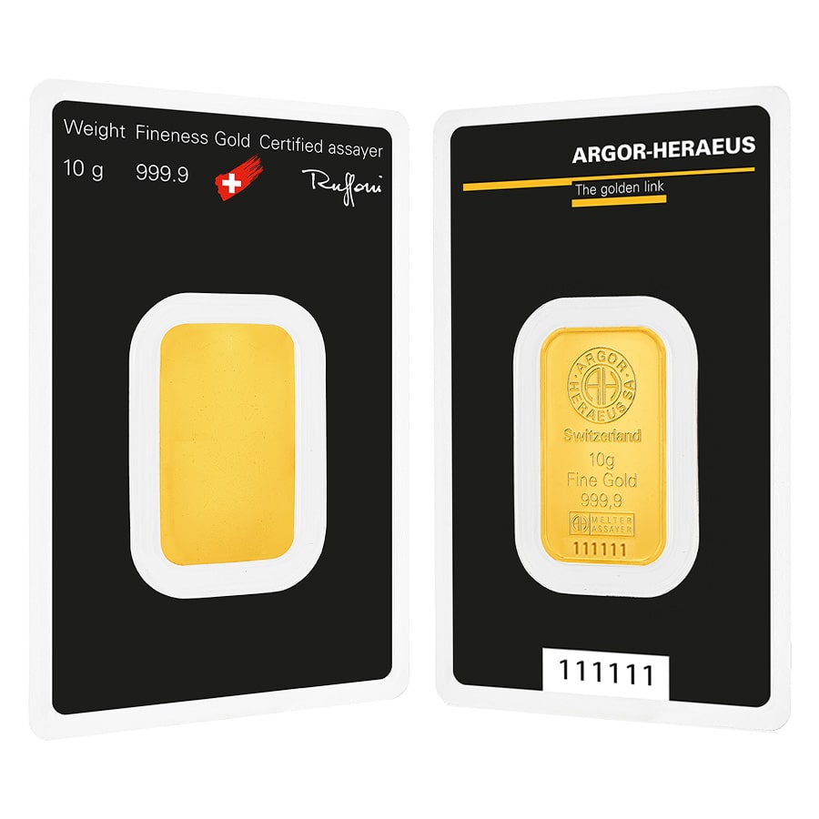 10 Gram Argor Heraeus Gold Bar .9999 Fine (in Assay)