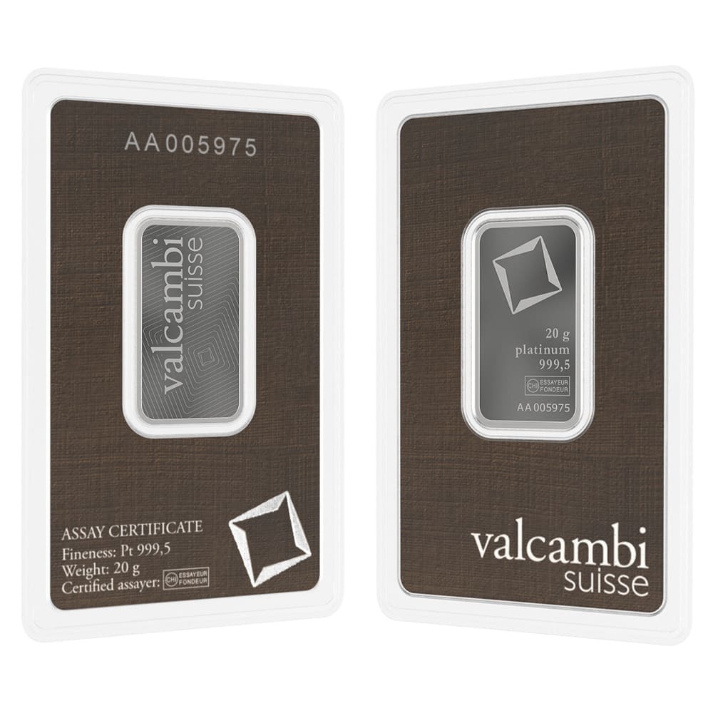20 Gram Platinum Bar - Valcambi Suisse .9995 Fine (in Assay)