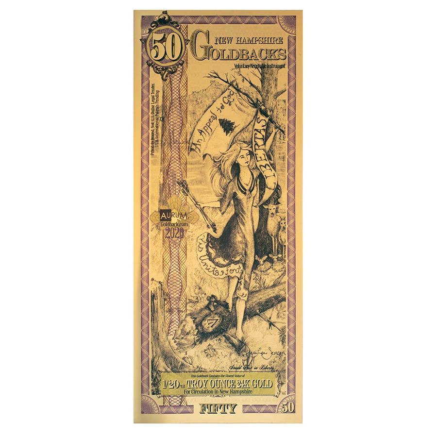 50 New Hampshire Goldback 1/20 oz 24K Gold Foil Aurum Note