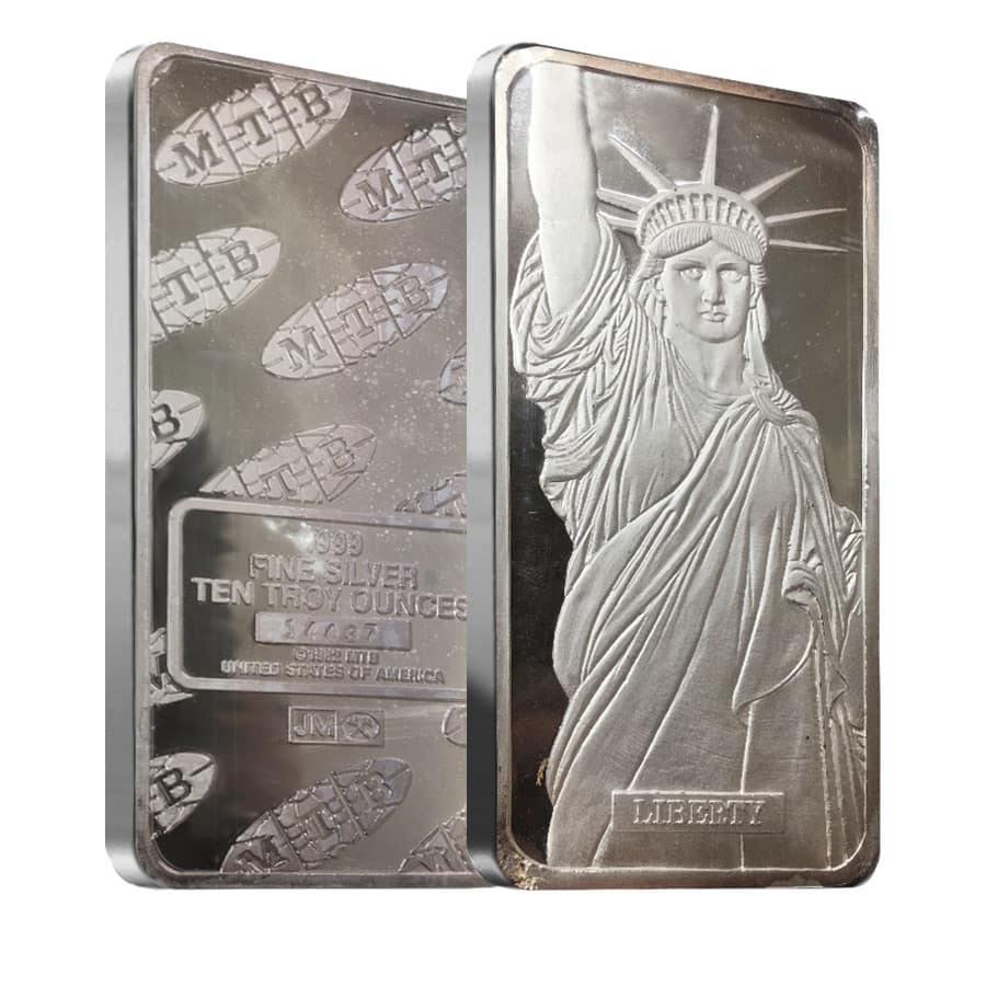 10 oz Johnson Matthey MTB Statue of Liberty Silver Vintage Bar .999 Fine