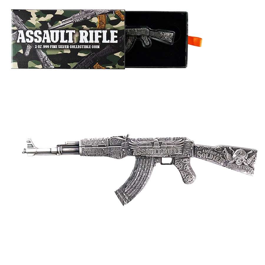 2024 Chad 2 oz Silver Assault Rifle Antiqued Shaped Coin .999 Fine thumbnail 2