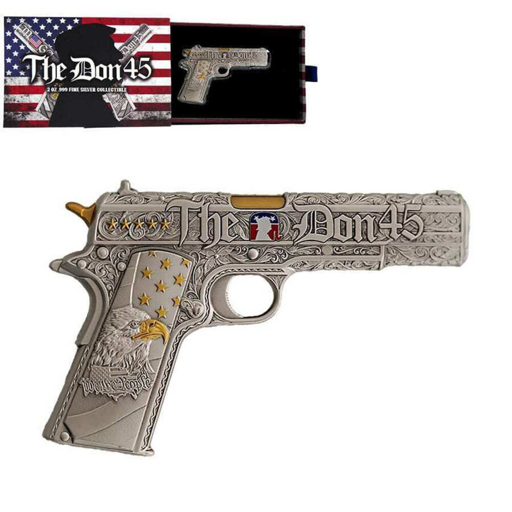 2 oz Silver Gun Shaped .45 Caliber Pistol Antiqued .999 Fine (w/Box) thumbnail 2