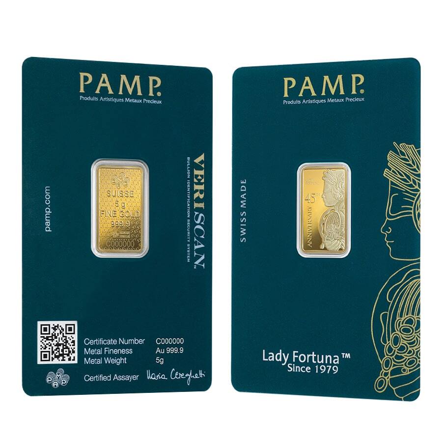 5 Gram Gold Bar PAMP Suisse Lady Fortuna 45th Ann (in Assay)